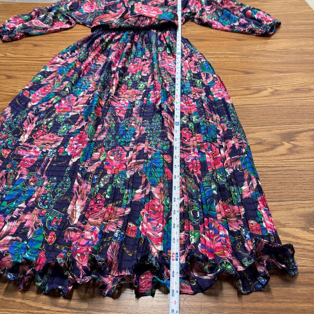 Vintage 80s Diane Freis Style Pleated Floral Jewel Midi Dress SzM Maximalist - Picture 3 of 8